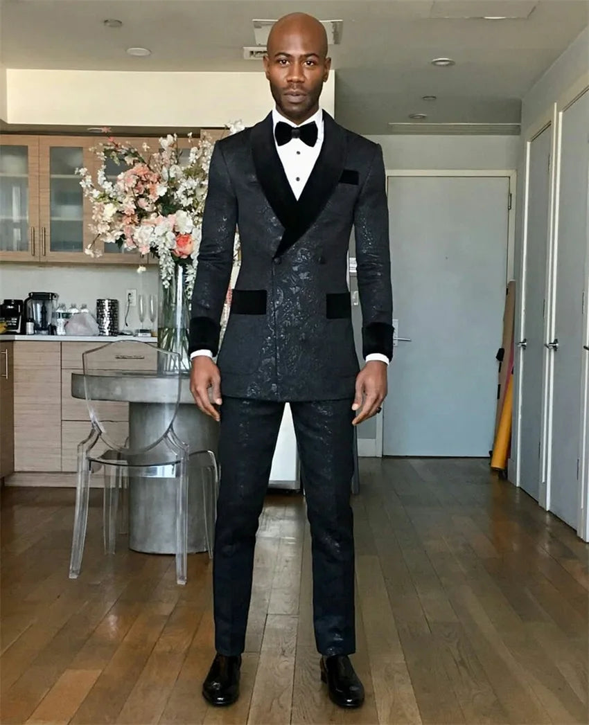 Black Men's Suit with Belt Velvet Lapel Jacquard Wedding Groom Tuxedos Dinner Party Custom Made Jacket and Pants 2 Pcs