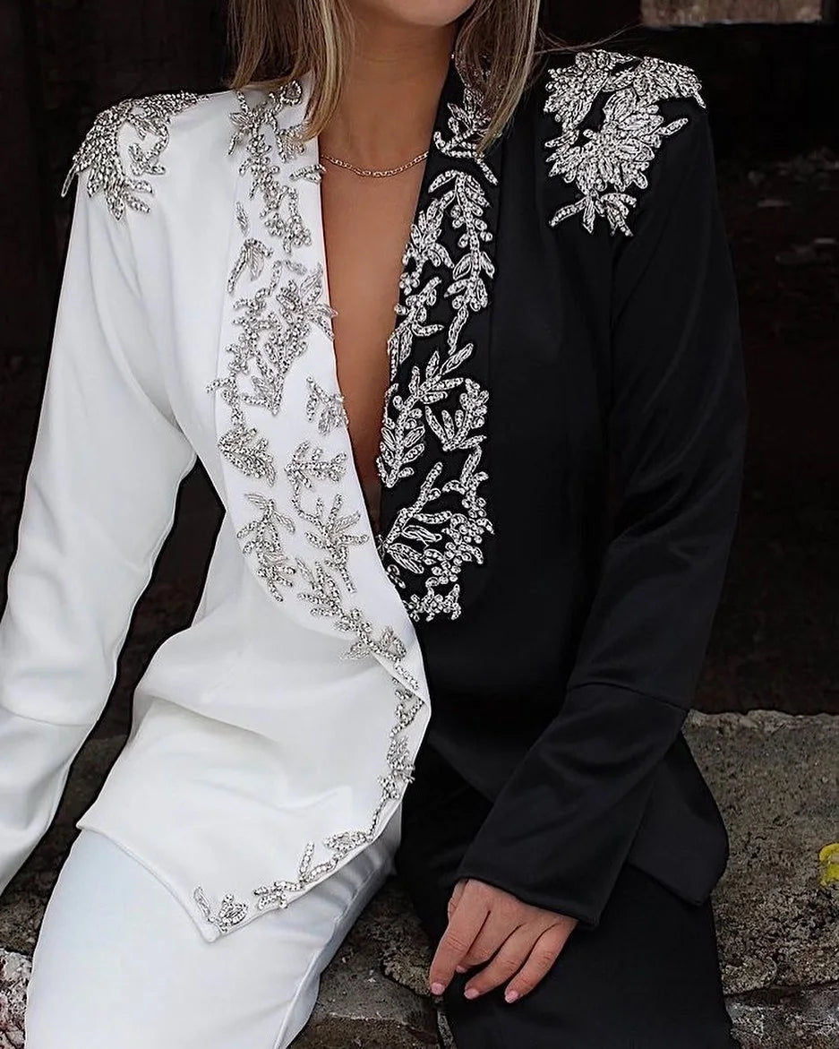 Customized Women Pants Suits Luxury Crystal Beading Formal Office Lady Blazer Suit Wear Prom Party Business Outfits (Jacket+Pant）