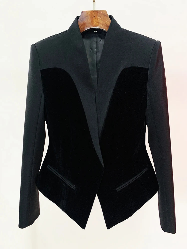 Newest Designer Jacket Women's Slim Fitting Patchwork Velvet Blazer