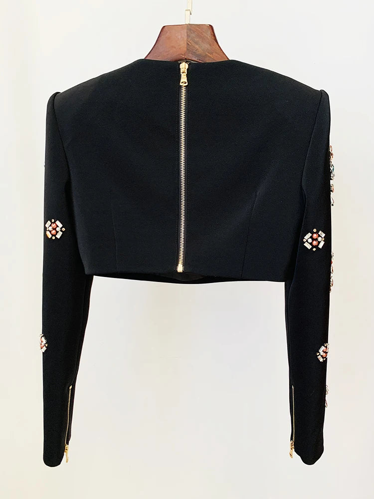 Newest Designer Runway Suit Set Women's O-neck Zip Back Cropped Tops Mini Skirt Set 2pcs