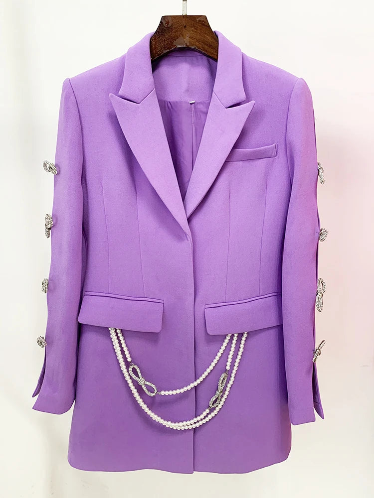 Newest Designer Stylish Fashion Women Pearls Chain Diamonds Beaded Hollow Out long sleeved Blazer Dress