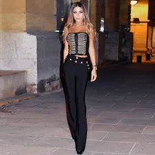 Slim Cut Strapless Gold Button Embellished Two Piece Bandage Pants Set Sleeveless Off The Shoulder Long Leg Skinny Pants