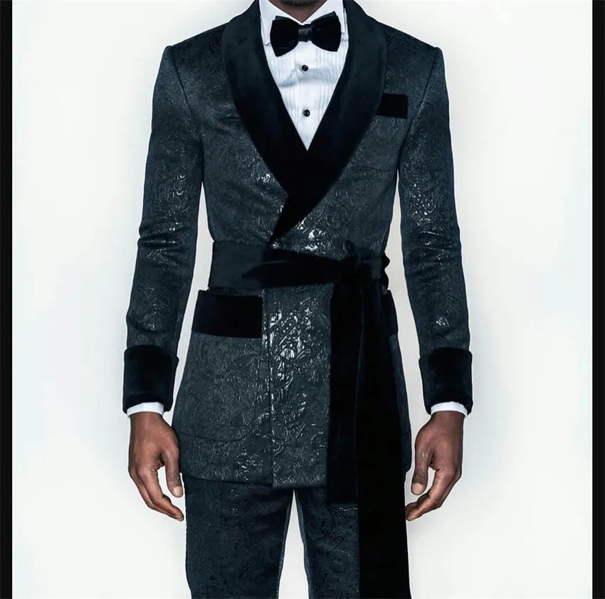 Black Men's Suit with Belt Velvet Lapel Jacquard Wedding Groom Tuxedos Dinner Party Custom Made Jacket and Pants 2 Pcs