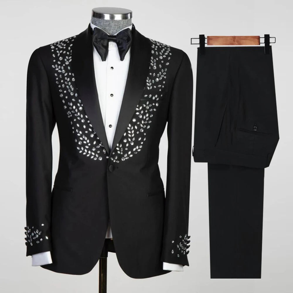 Handmade Crystals Beaded Suits Men for Wedding Single Breasted Blazer Sets Tailore Made 2 Pieces Groom Wear Tuxedo Costume Homme