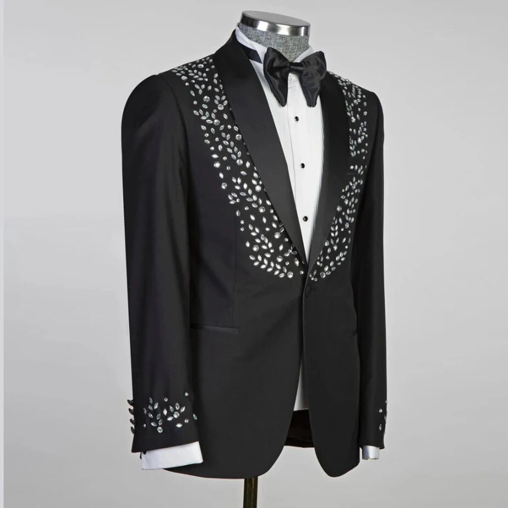 Handmade Crystals Beaded Suits Men for Wedding Single Breasted Blazer Sets Tailore Made 2 Pieces Groom Wear Tuxedo Costume Homme