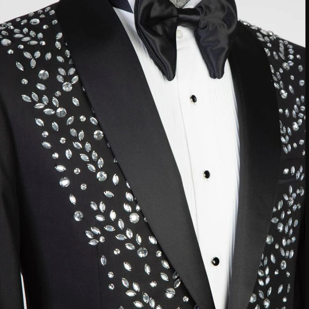 Handmade Crystals Beaded Suits Men for Wedding Single Breasted Blazer Sets Tailore Made 2 Pieces Groom Wear Tuxedo Costume Homme