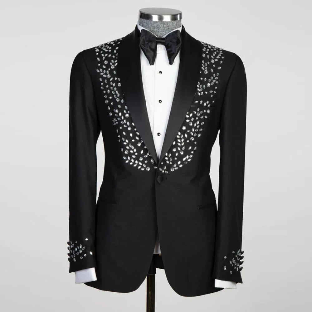 Handmade Crystals Beaded Suits Men for Wedding Single Breasted Blazer Sets Tailore Made 2 Pieces Groom Wear Tuxedo Costume Homme