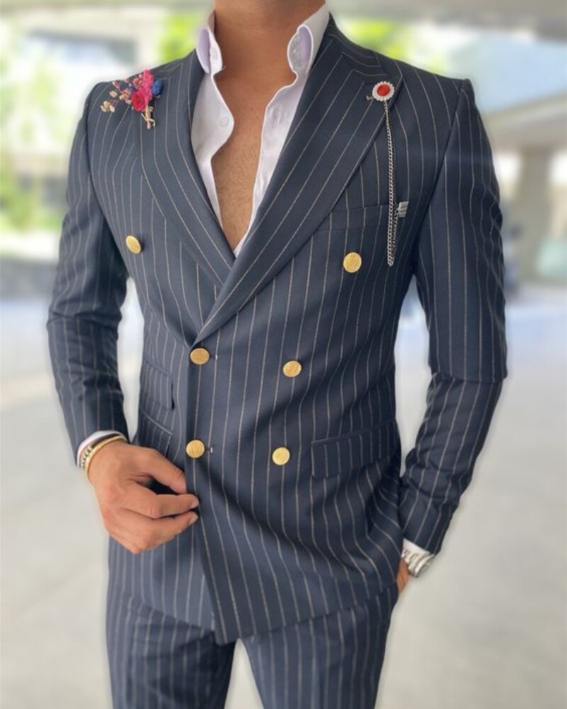 Black Striped Men Suits for Weding 2 Pieces Double Breasted Groom Blazer Homme Social Business Office Jacket Pants