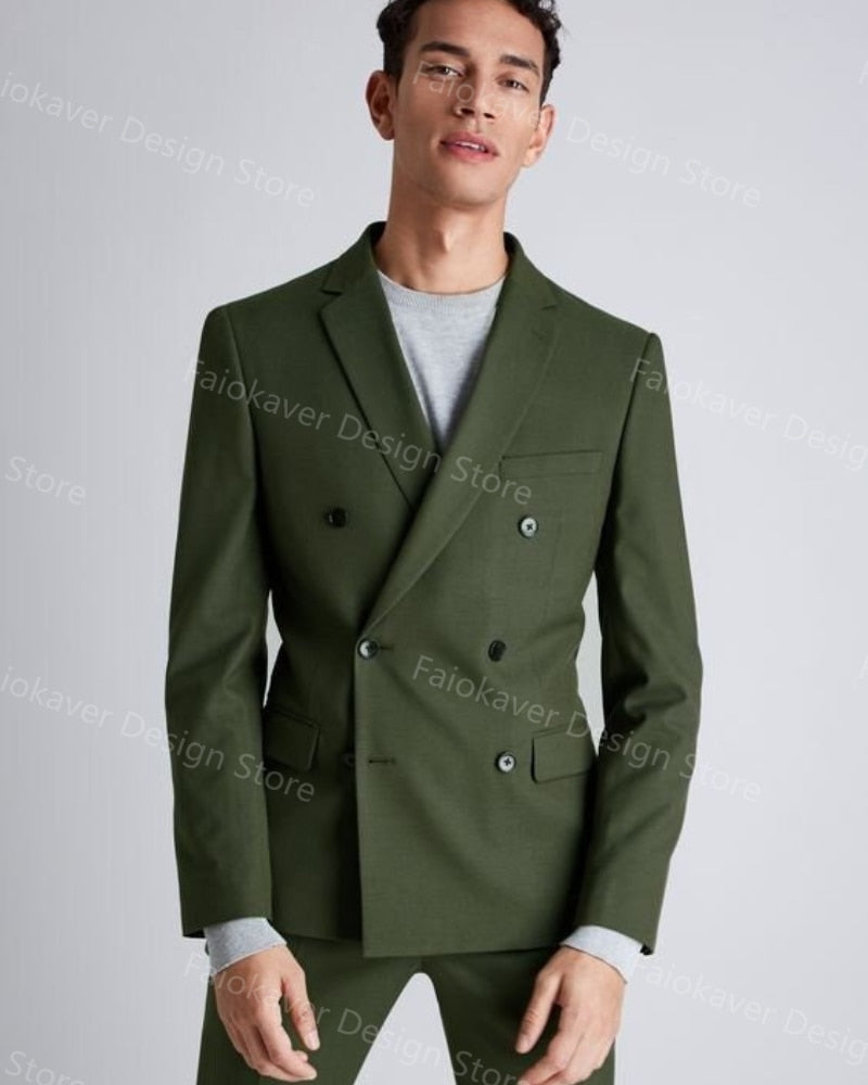 Oliver Green Men Suits for Wedding Groom Tuxedo 2 Pieces Solid Color Homme Jacket Pants Business Prom Party Wear