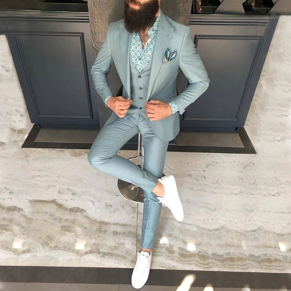 Three Pieces Suits Peaked Lapel Tuxedos With Trousers Slim Fit Prom Blazers (Jacket+Pants+Vest)