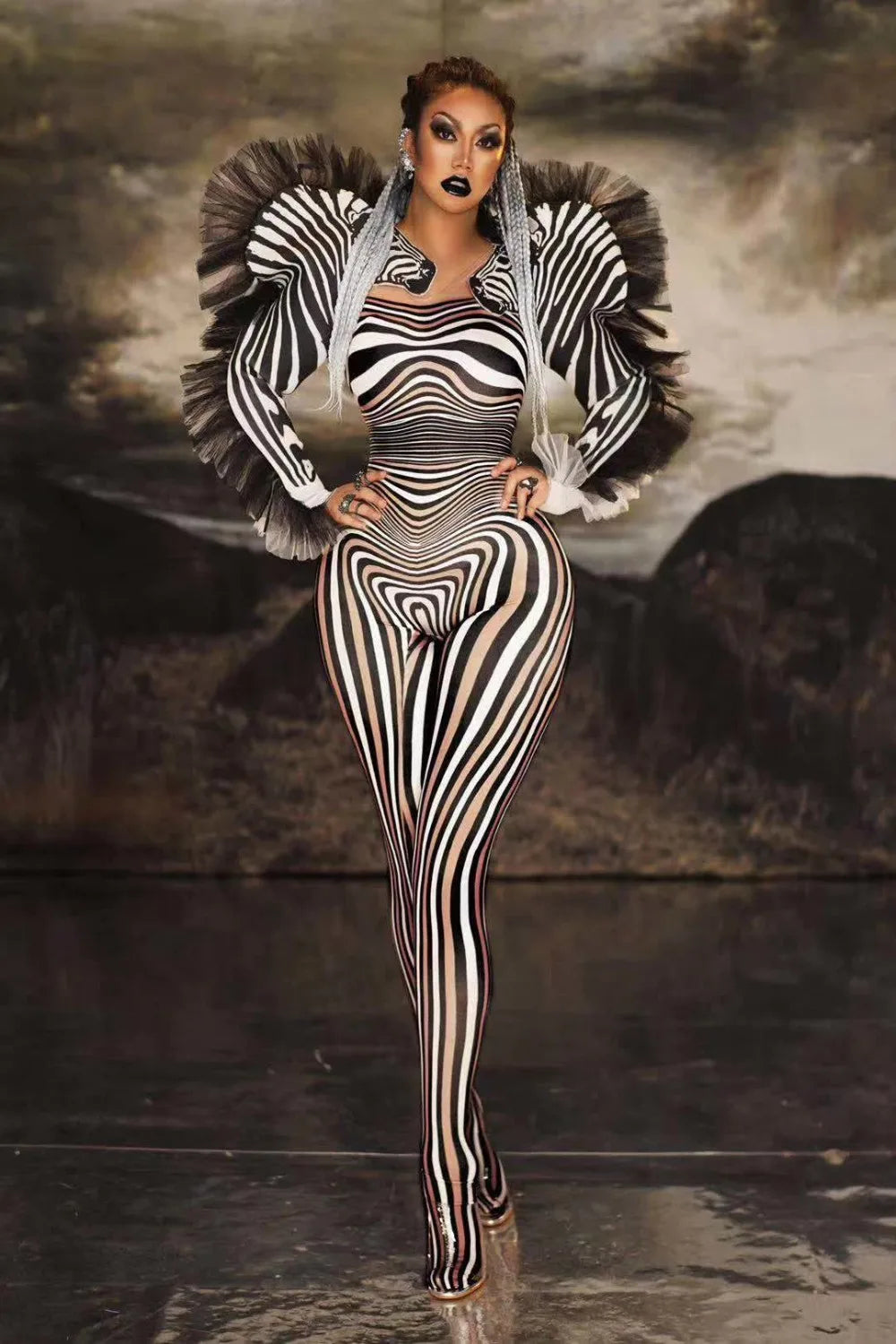 Zebra Stripe Sculptural Performance Jumpsuit - detail view 5