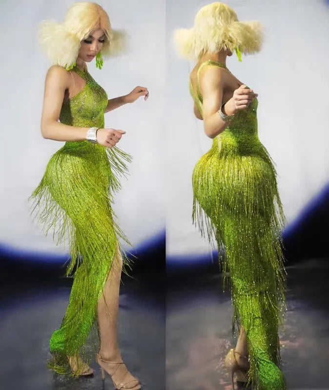 Sexy Green Teapot Tassel Dress Nightclub Bar Female Singer DJ Guest Gogo Costume