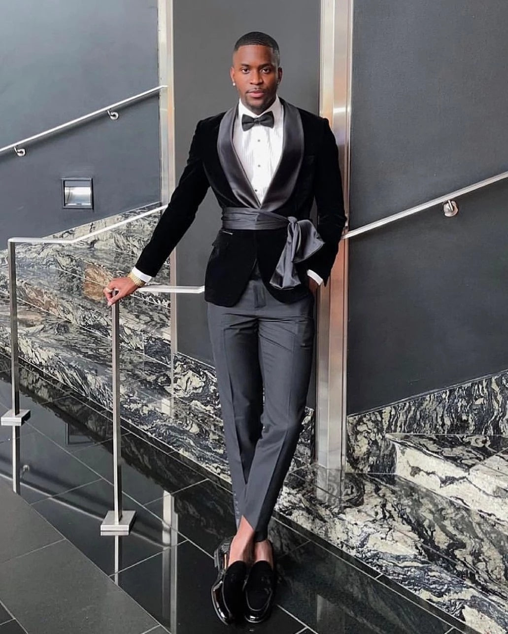 Formal Black Velvet Slim Fit Men Suits With Belt Shawl Lapel Costume Homme Wedding Tuxedo Terno Blazer
