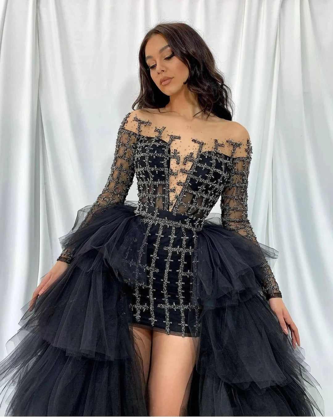 Black Ruffled Tiered Tulle Over Wrap Skirts Women Maxi Skirt Long Puffy Tulle Skirt Hand Made Bridal Detachable