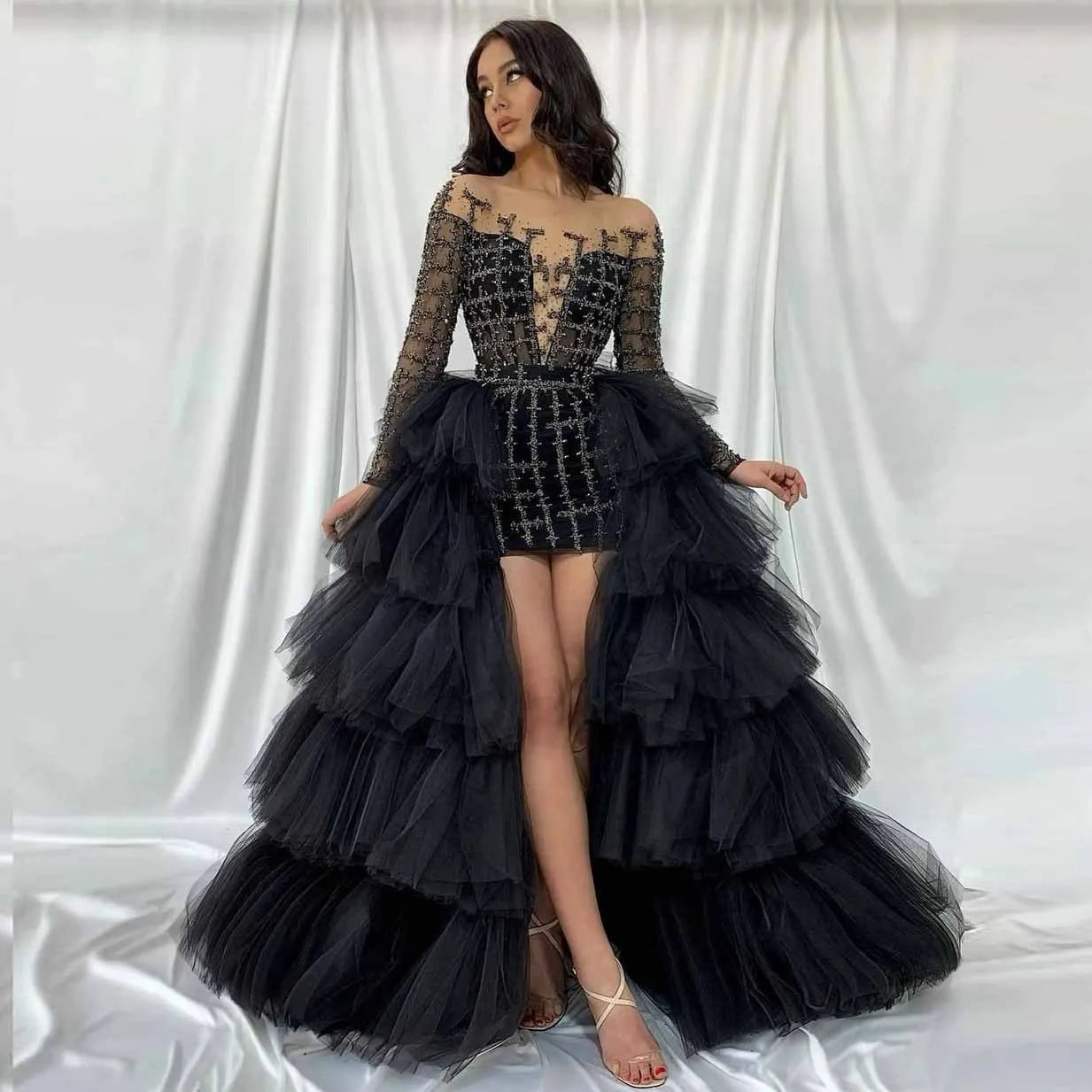 Black Ruffled Tiered Tulle Over Wrap Skirts Women Maxi Skirt Long Puffy Tulle Skirt Hand Made Bridal Detachable