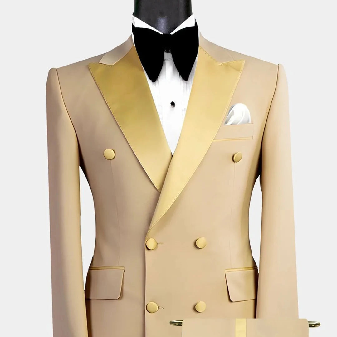 High Fashion 2 Piece Blazer Pants Men Suits Double Breasted Satin Peaked Lapel Formal Wedding Groom Plus Size Custom Tailored