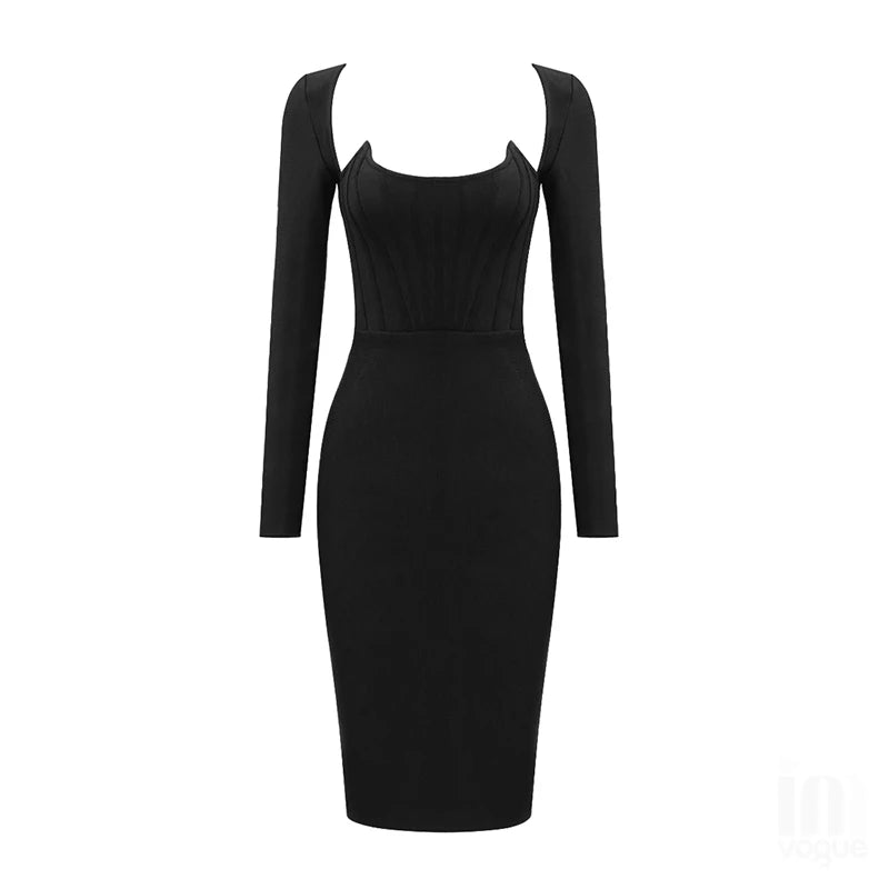 Black Grey Long Sleeve Bodycon Rayon Bandage Dress Elegant Cocktail Party Dress 