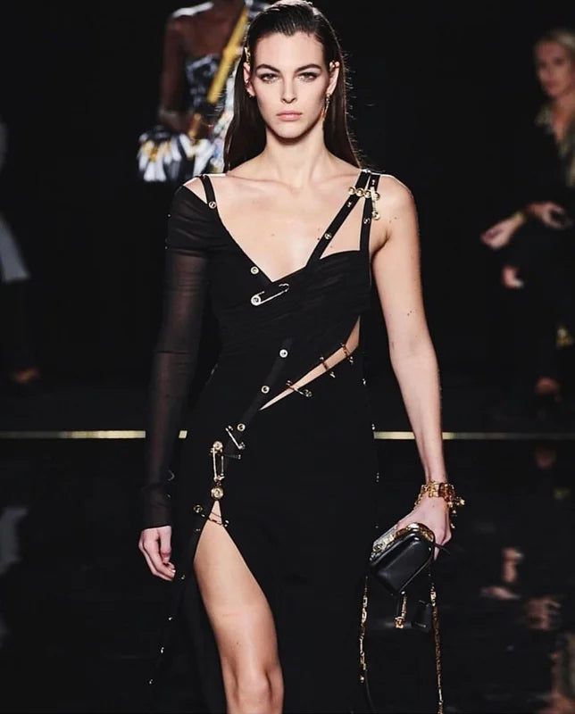 Black Long Sleeve One Shoulder Open Fork Rayon Bandage Dress Cocktail Party Bodycon Dress