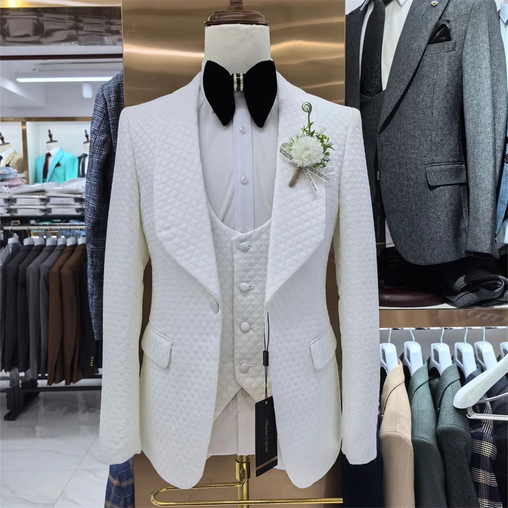 Checkered Men 3 Pieces Suit Set, Fashion Blazer Vest Pants Set, Wedding Groom Best Man Tuxedo Prom Wear