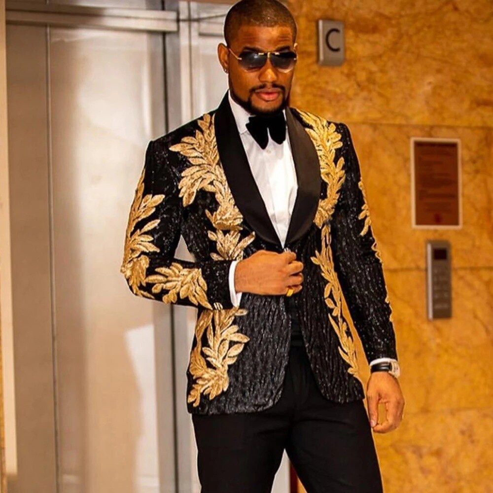 High Quality Men's Gold Sequins Floral 2 Pieces Set Male Singer Host Shiny Embroidery Suit Groom Wedding Tuxedo with Pants
