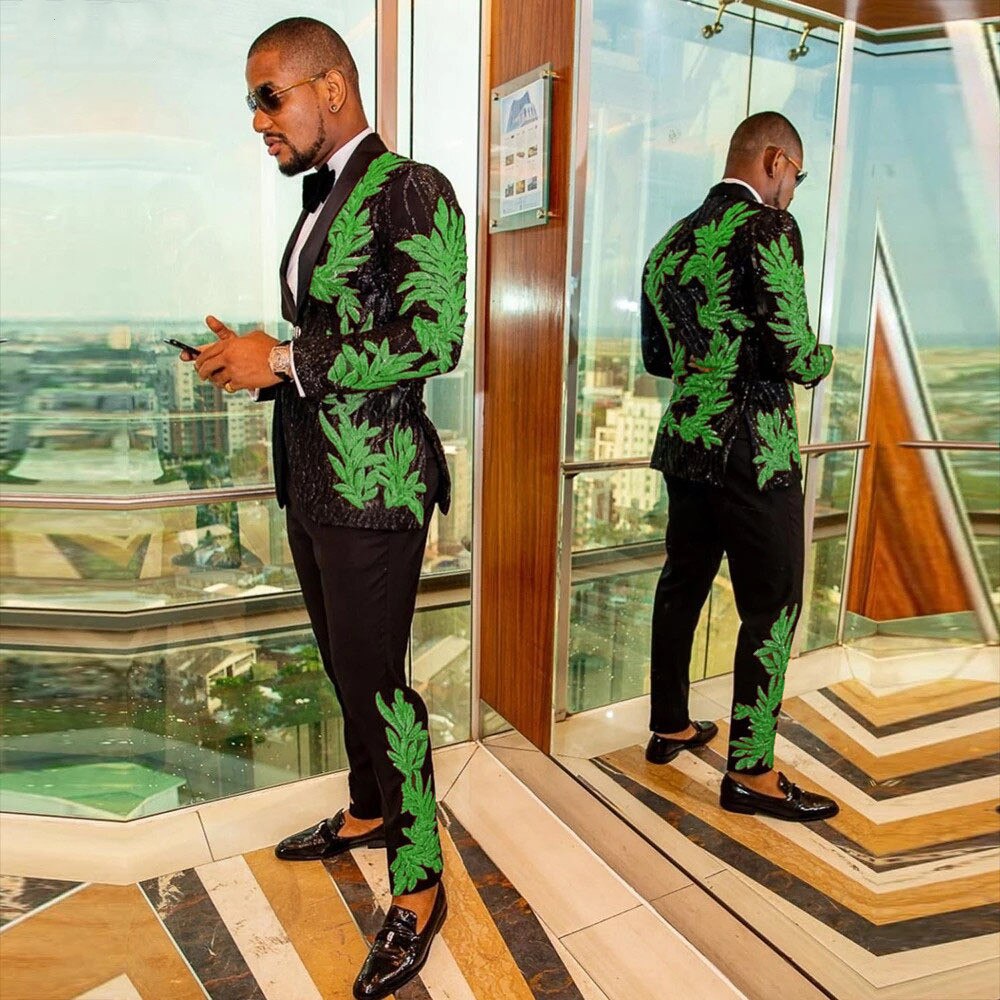 High Quality Men's Gold Sequins Floral 2 Pieces Set Male Singer Host Shiny Embroidery Suit Groom Wedding Tuxedo with Pants