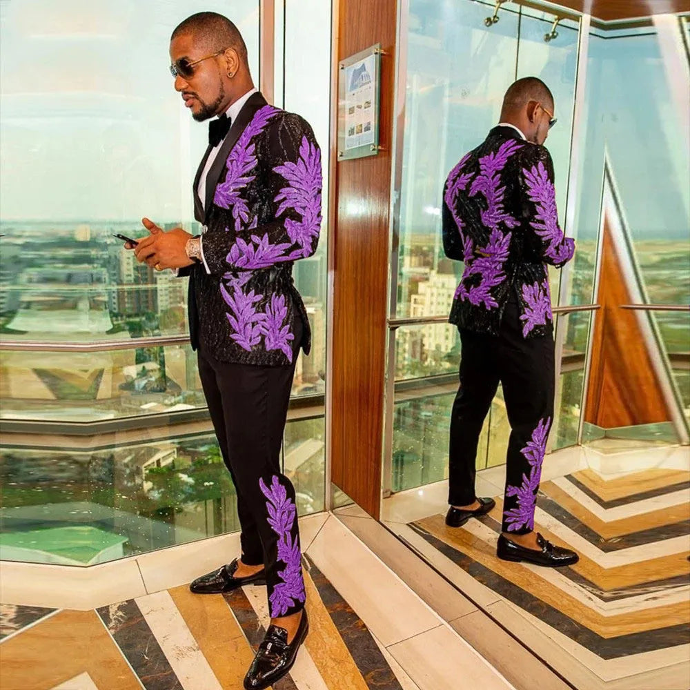 High Quality Men's Gold Sequins Floral 2 Pieces Set Male Singer Host Shiny Embroidery Suit Groom Wedding Tuxedo with Pants