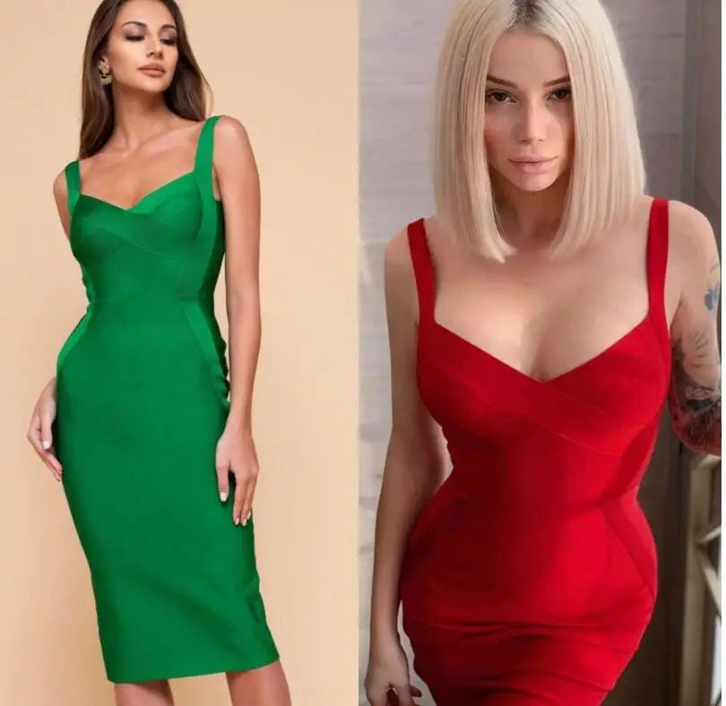 Pink Green Red Bodycon Knee Length Rayon Bandage Dress Evening Party Dress 