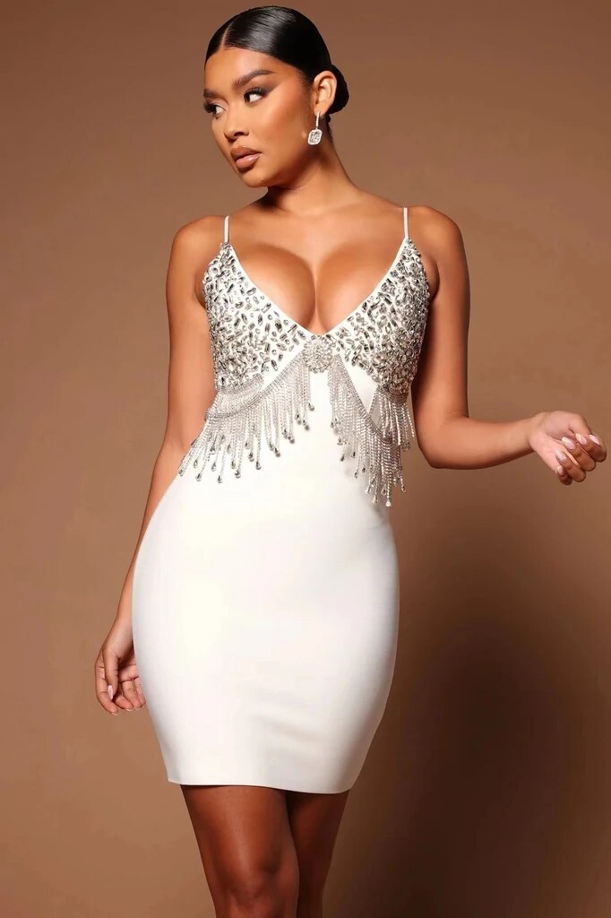 High Quality Shining Diamonds Spaghetti Strap White Bodycon Mini Dress Graceful Women Bandage Dress Celebrity Party Vestidos
