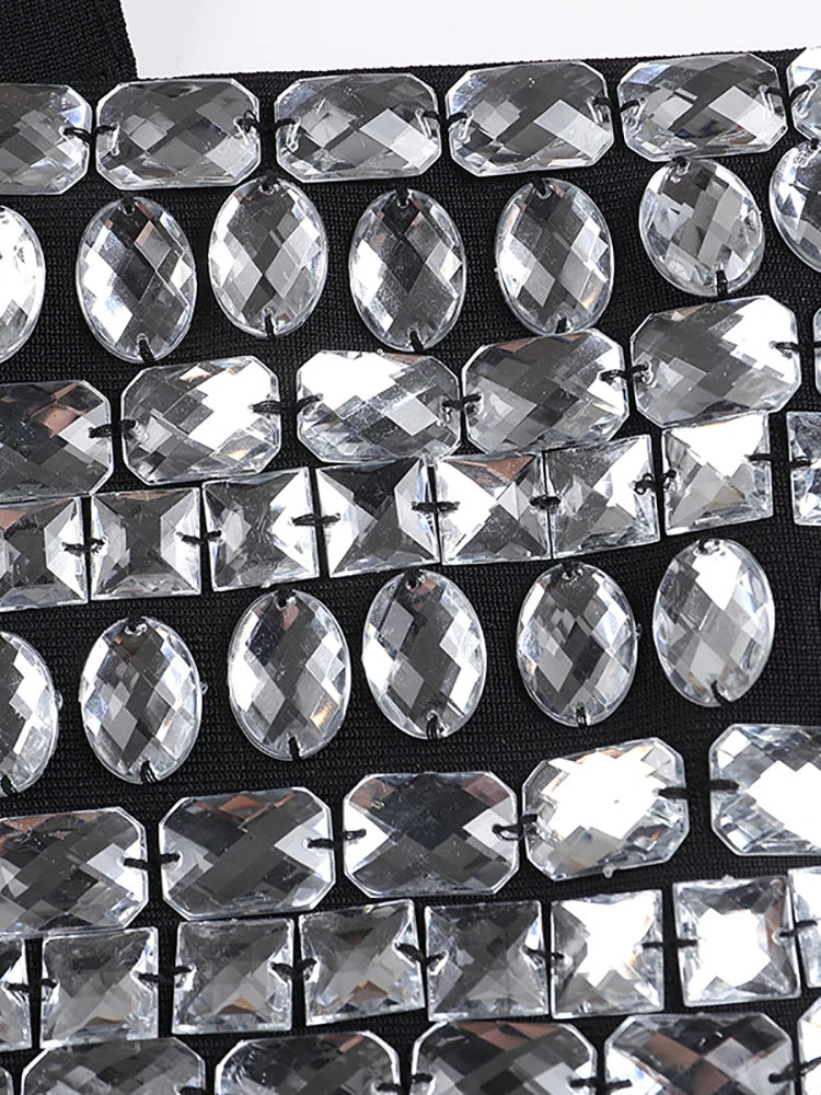 Women Black Skirts Suits Sexy Luxury Diamond Short Top + Long Skirt Two-Piece Sets Party Evening Runway Set