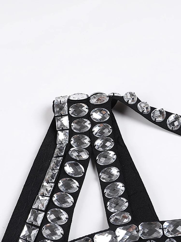 Women Black Skirts Suits Sexy Luxury Diamond Short Top + Long Skirt Two-Piece Sets Party Evening Runway Set