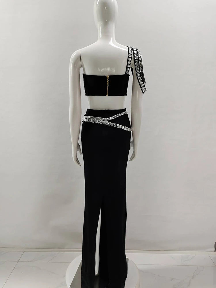 Women Black Skirts Suits Sexy Luxury Diamond Short Top + Long Skirt Two-Piece Sets Party Evening Runway Set