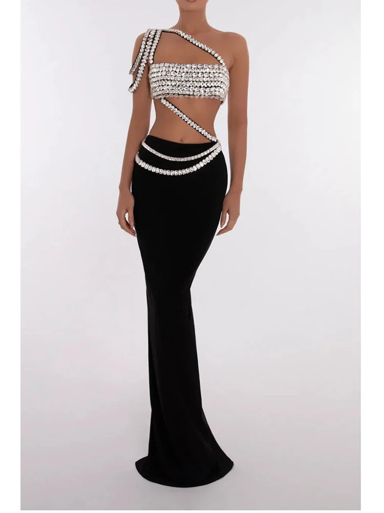 Women Black Skirts Suits Sexy Luxury Diamond Short Top + Long Skirt Two-Piece Sets Party Evening Runway Set