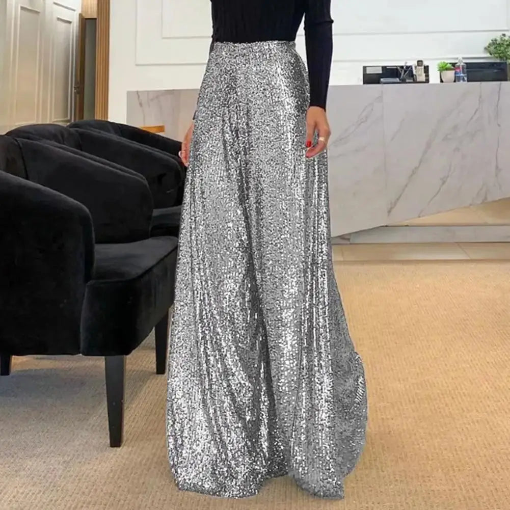 High Waist Elastic Waistband Straight Full Length Women Pants Club Night Sequins Loose Wide Leg Pants