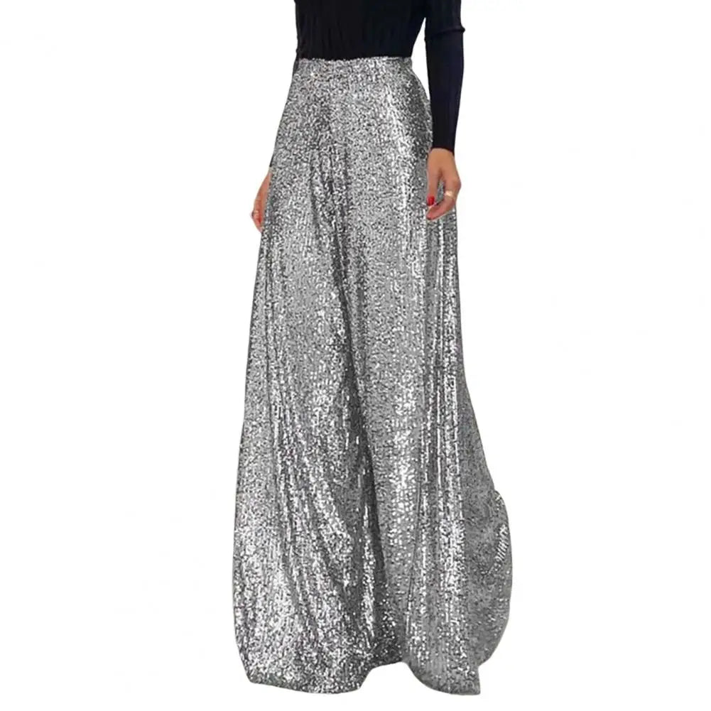 High Waist Elastic Waistband Straight Full Length Women Pants Club Night Sequins Loose Wide Leg Pants