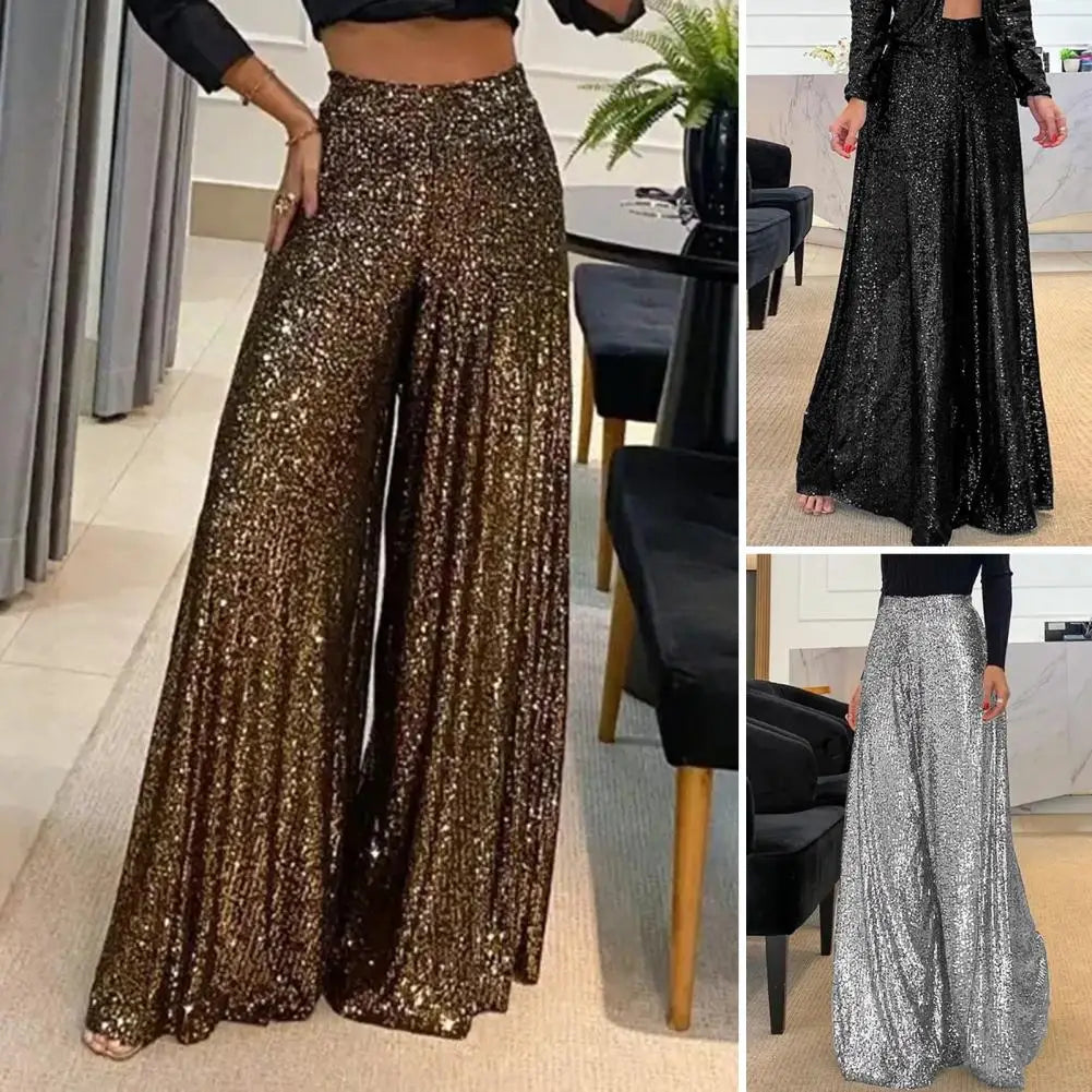 High Waist Elastic Waistband Straight Full Length Women Pants Club Night Sequins Loose Wide Leg Pants