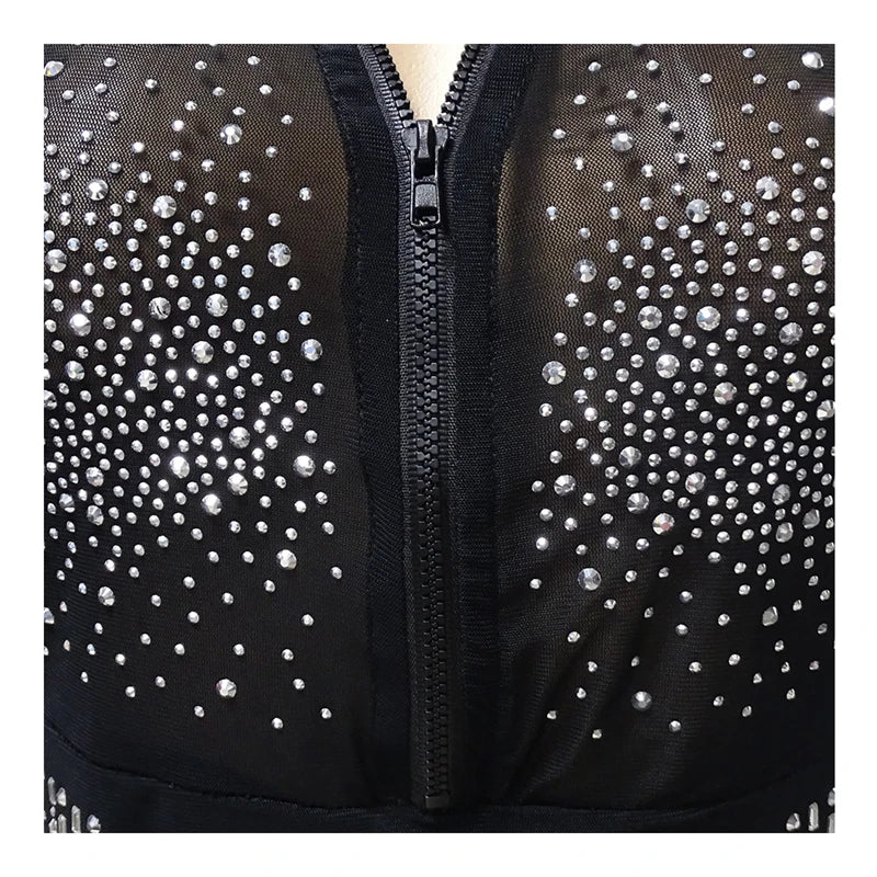 Hot Rhinestone Mesh See Through Tracksuit Women Two 2 Piece Set Outfits Spring Clothes Zip Crop Top and Legging Pants Suits Sets