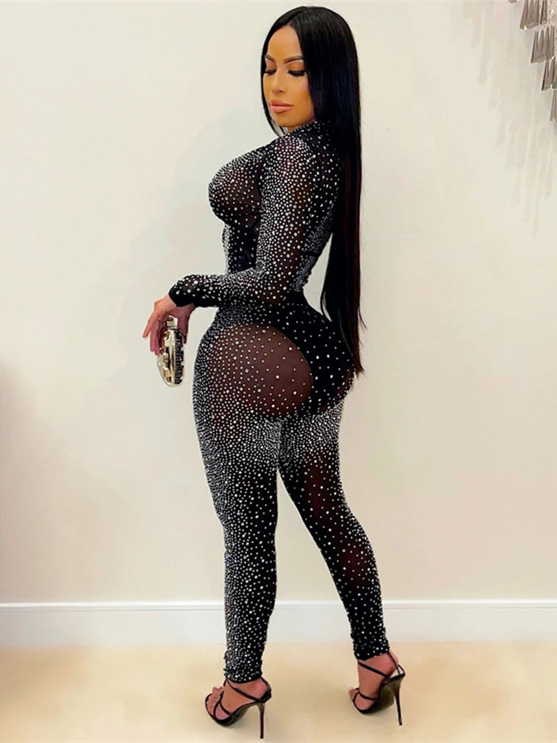Hot Rhinestone Mesh See Through Tracksuit Women Two 2 Piece Set Outfits Spring Clothes Zip Crop Top and Legging Pants Suits Sets
