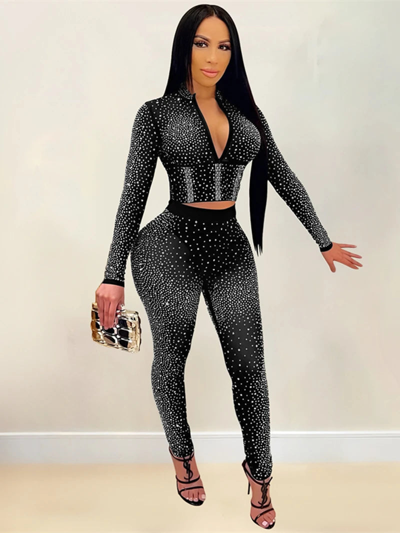 Hot Rhinestone Mesh See Through Tracksuit Women Two 2 Piece Set Outfits Spring Clothes Zip Crop Top and Legging Pants Suits Sets