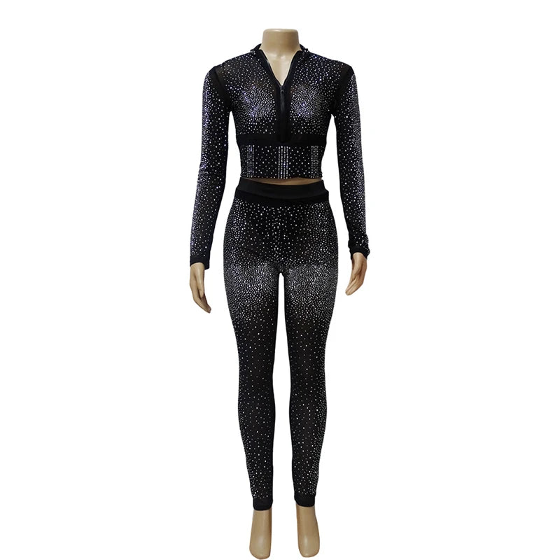 Hot Rhinestone Mesh See Through Tracksuit Women Two 2 Piece Set Outfits Spring Clothes Zip Crop Top and Legging Pants Suits Sets