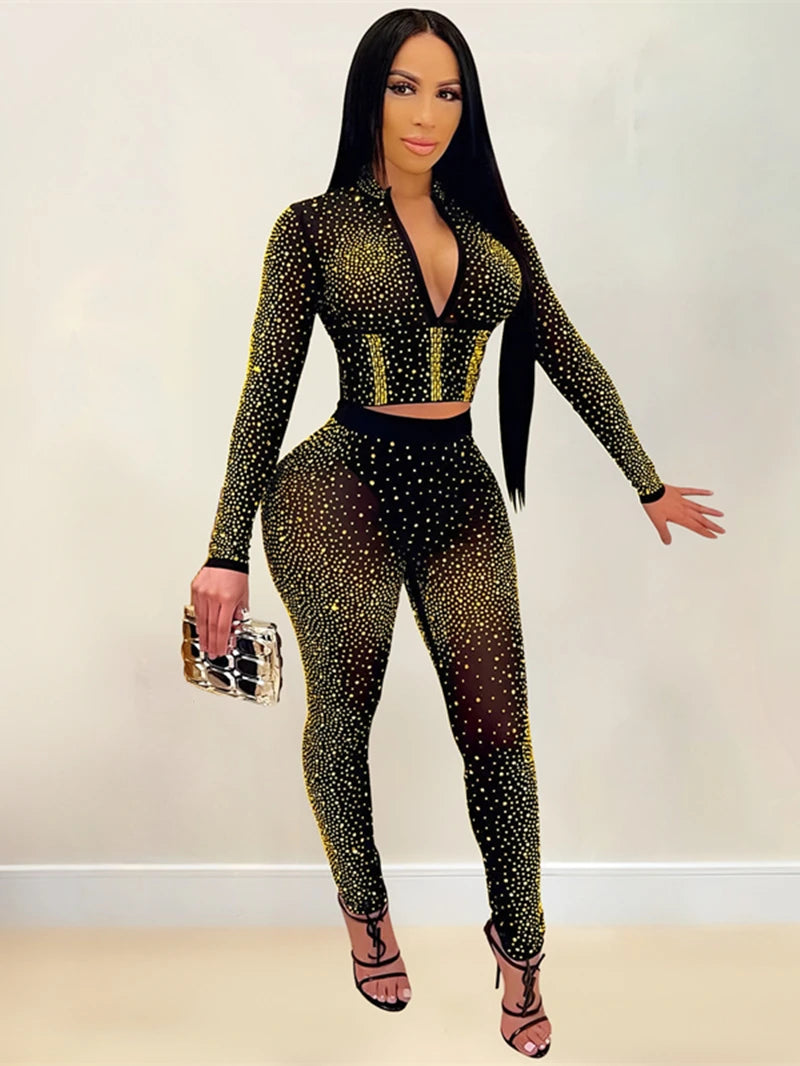 Hot Rhinestone Mesh See Through Tracksuit Women Two 2 Piece Set Outfits Spring Clothes Zip Crop Top and Legging Pants Suits Sets
