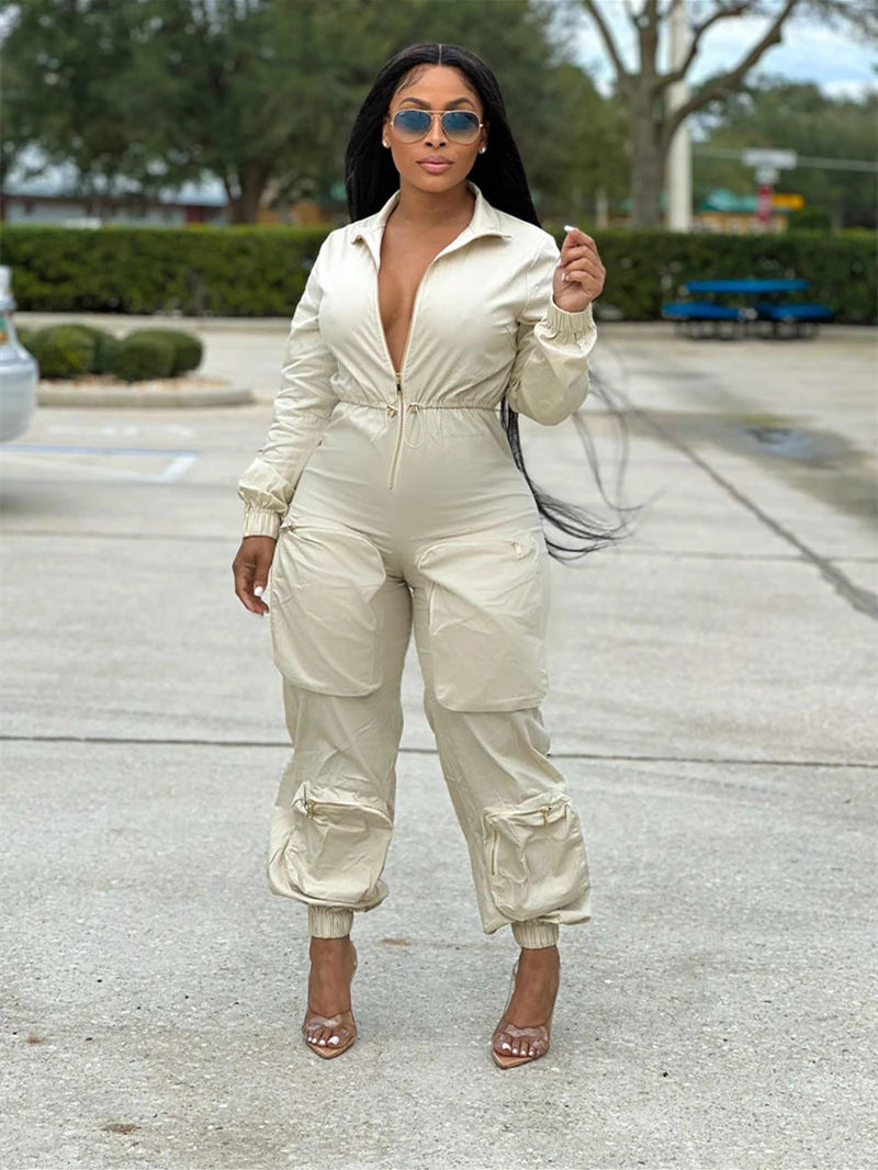 INS Cargo Jumpsuits Women Spring Clothing Solid Zipper Fly Big Pockets Long Rompers Playsuits One Pieces Pants Overalls Outfits