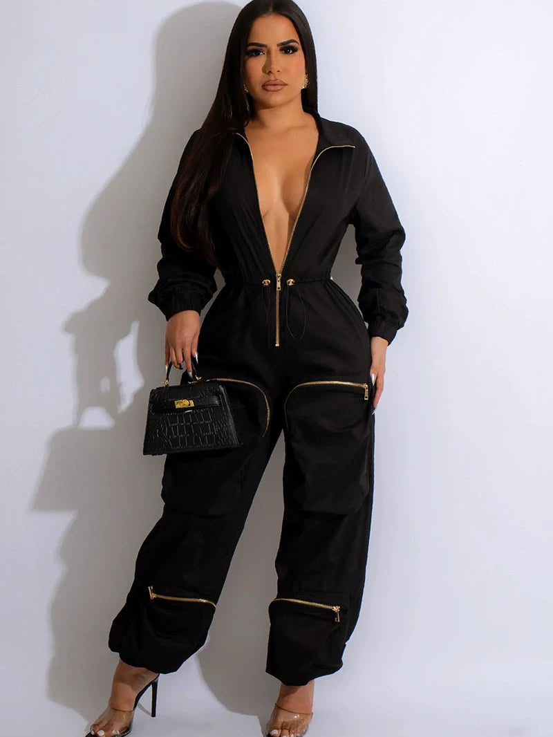 INS Cargo Jumpsuits Women Spring Clothing Solid Zipper Fly Big Pockets Long Rompers Playsuits One Pieces Pants Overalls Outfits