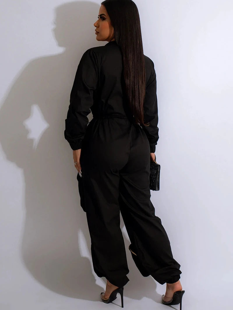 INS Cargo Jumpsuits Women Spring Clothing Solid Zipper Fly Big Pockets Long Rompers Playsuits One Pieces Pants Overalls Outfits