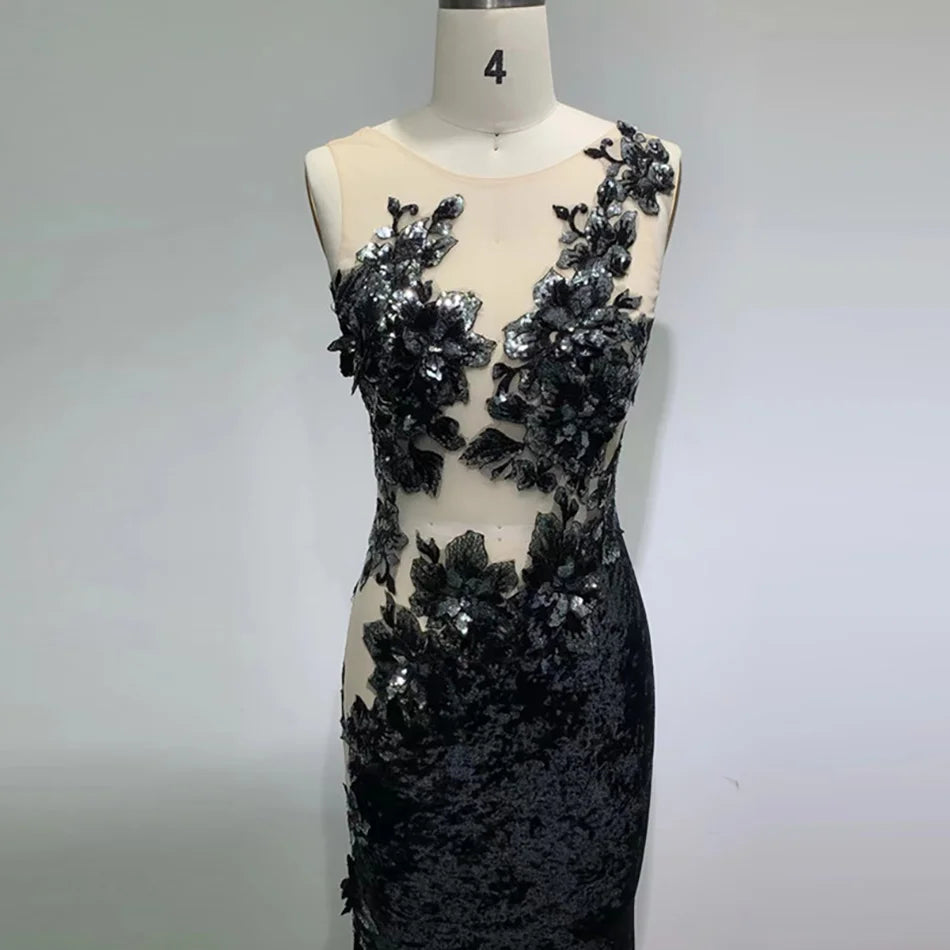 Black Sleeveless Apricot Net Slightly Transparent Piece Long Skirt Evening Dress Celebrity Party Toast Wedding