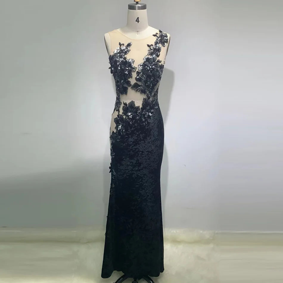 Black Sleeveless Apricot Net Slightly Transparent Piece Long Skirt Evening Dress Celebrity Party Toast Wedding