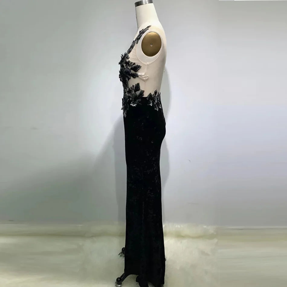 Black Sleeveless Apricot Net Slightly Transparent Piece Long Skirt Evening Dress Celebrity Party Toast Wedding