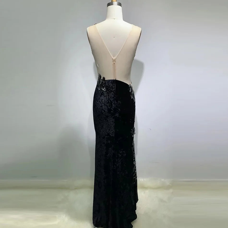 Black Sleeveless Apricot Net Slightly Transparent Piece Long Skirt Evening Dress Celebrity Party Toast Wedding