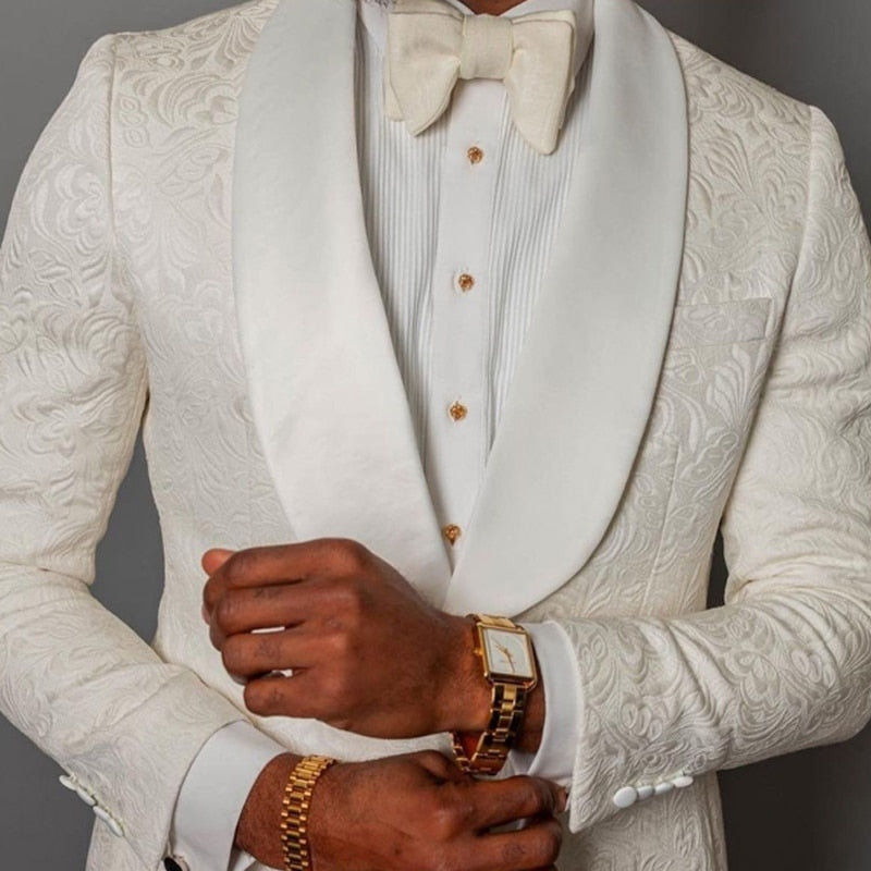 Ivory Floral Jacquard Wedding Tuxedo for Groomsmen 2 piece Slim fit Men Suits with Shawl Lapel African Costume