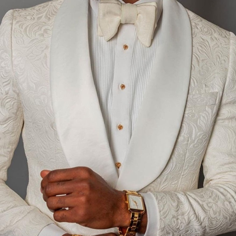 Ivory Floral Jacquard Wedding Tuxedo for Groomsmen 2 piece Slim fit Men Suits with Shawl Lapel African Costume