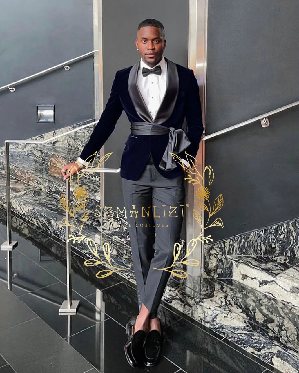 Formal Black Velvet Slim Fit Men Suits With Belt Shawl Lapel Costume Homme Wedding Tuxedo Terno Blazer